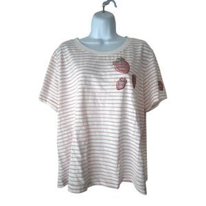 Jane + Delancey Oversized Pink & White Striped Bejeweled Strawberry Tee L  EUC